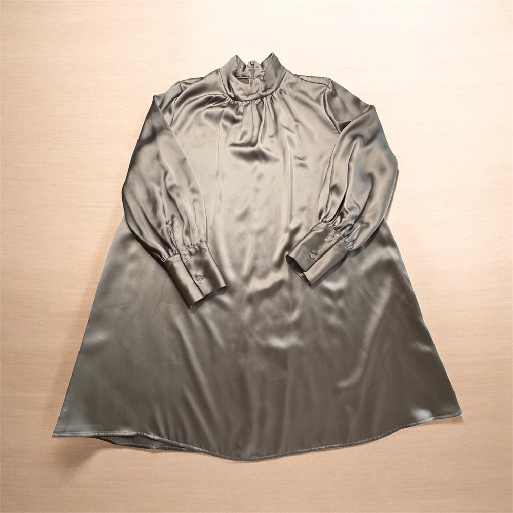 H&M Womens L Taupe Satin Mini Dress Mock Neck Long Sleeve Cocktail Holiday Party